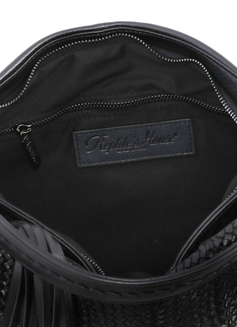 Reptile's House Fringed Braided Black Shoulder Bag With Dual Compartments