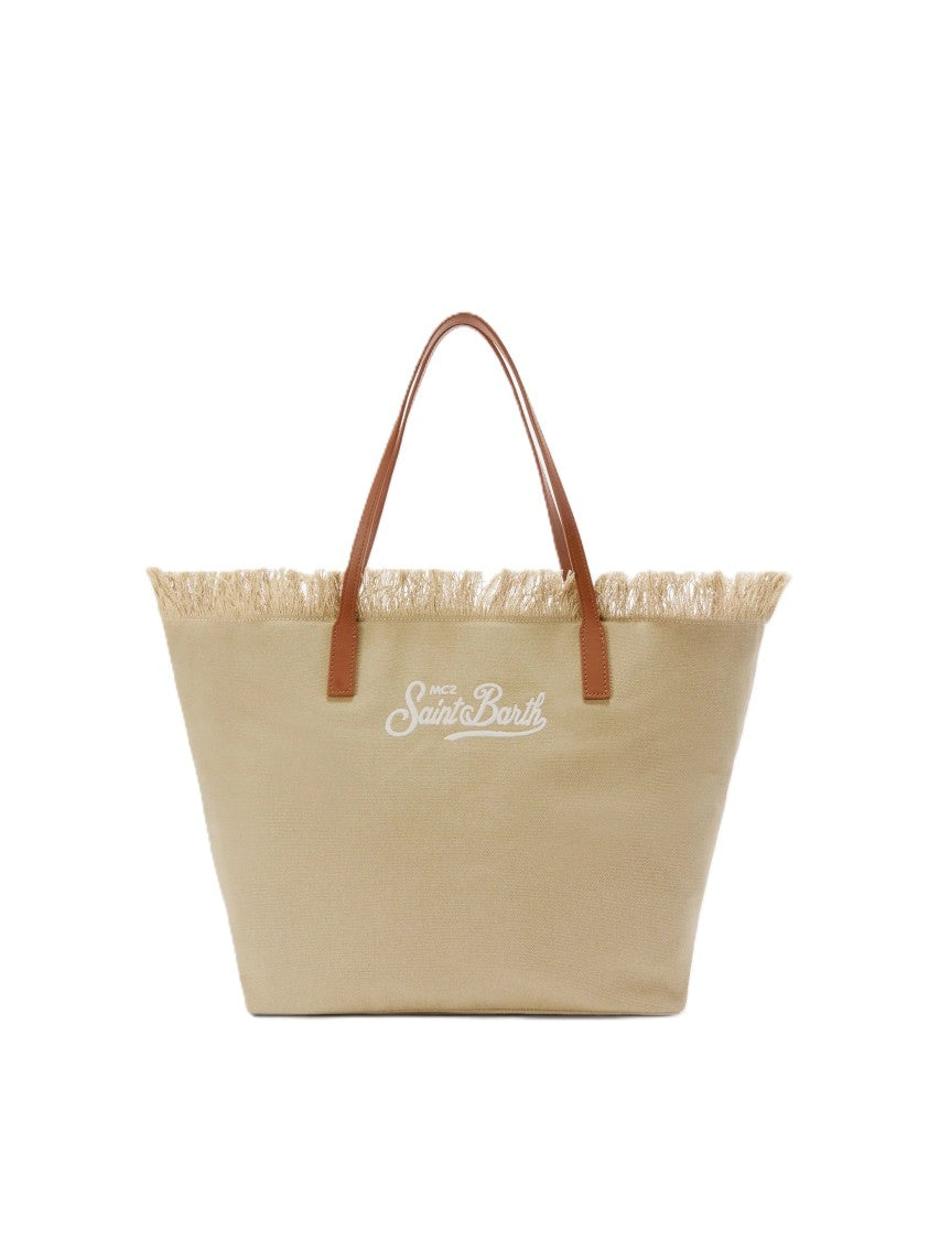 Mc2 Saint Barth Fringed Beige Canvas Tote Bag With Leather Accents