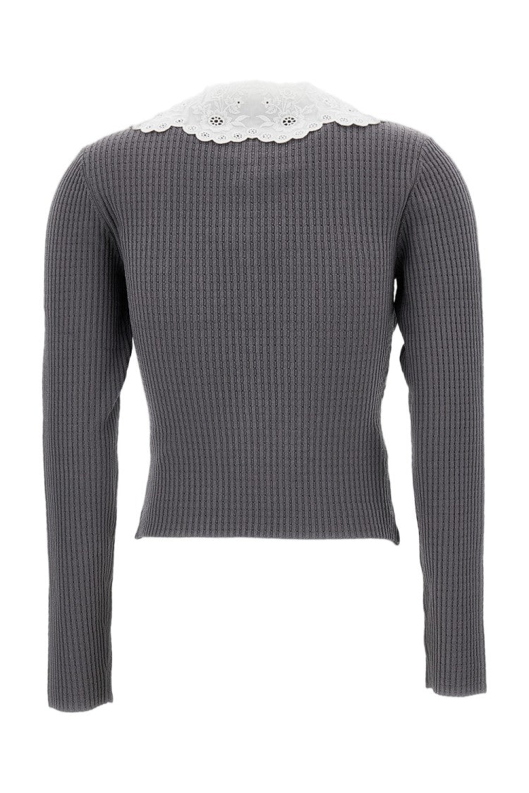 Self-Portrait Ribbed Knit Top With Scalloped Lace Collar And Button Detail
