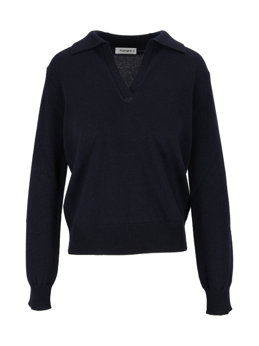 Kangra Cashmere Ribbed Cuffs Long-Sleeve Open Polo Shirt