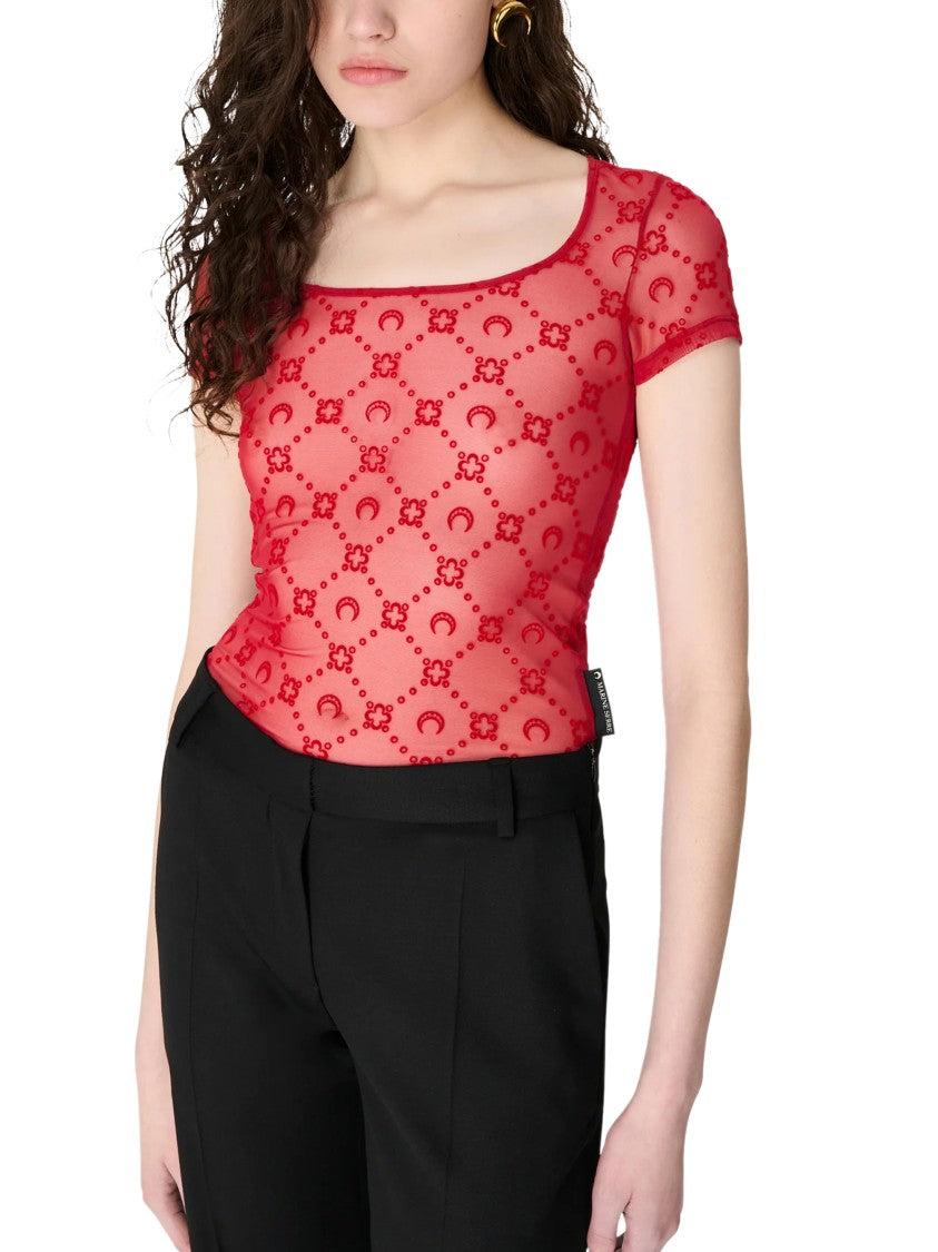 Marine Serre Fitted Sheer Mesh Moongram Pattern T-Shirt