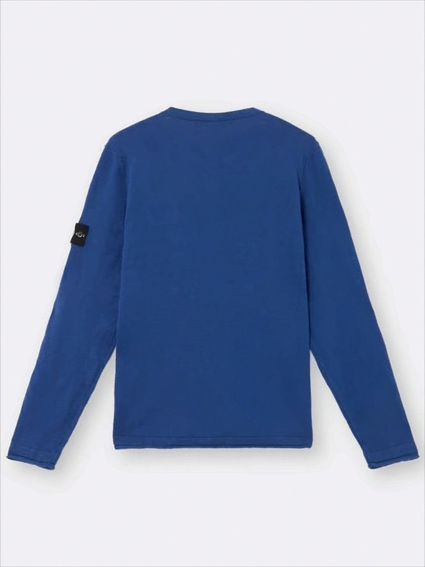 Stone Island Crew Neck Blue Sweater With Unique Sleeve Logo