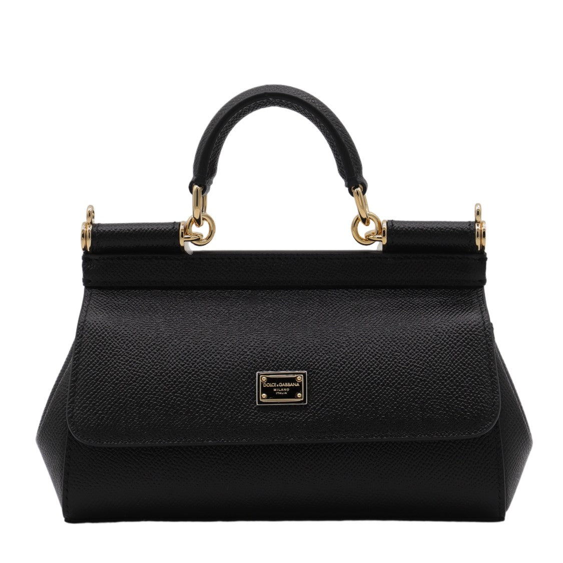 Dolce & Gabbana Textured Black Leather Handbag With Gold-Tone Plaque