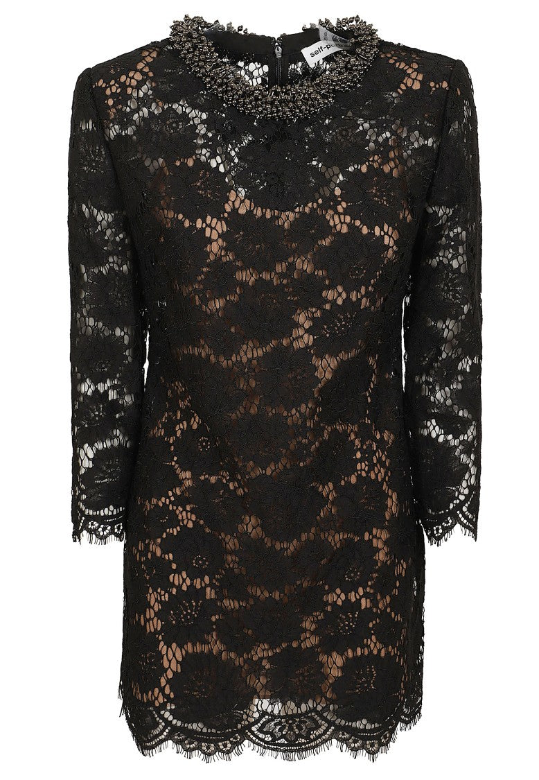 Self-Portrait Black Floral Lace Mini Dress With Beaded Neckline