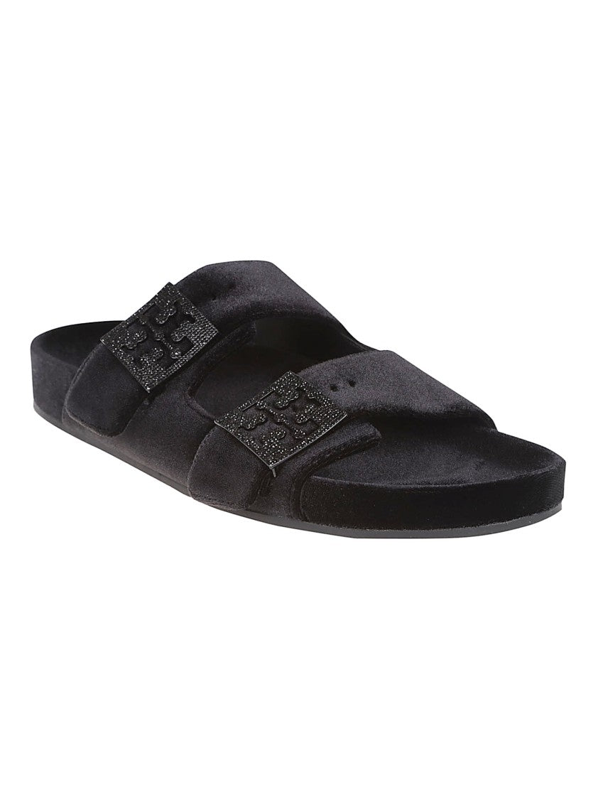Tory Burch Black Velvet Two-Strap Sandals With Pave-Embellished Hardware