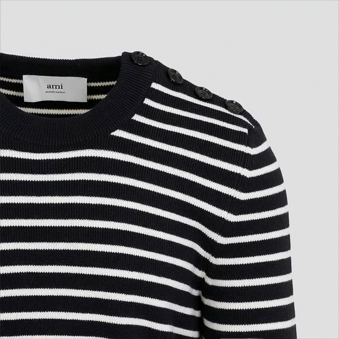 Ami Horizontal Stripe Knit Sweater With Shoulder Button Detail