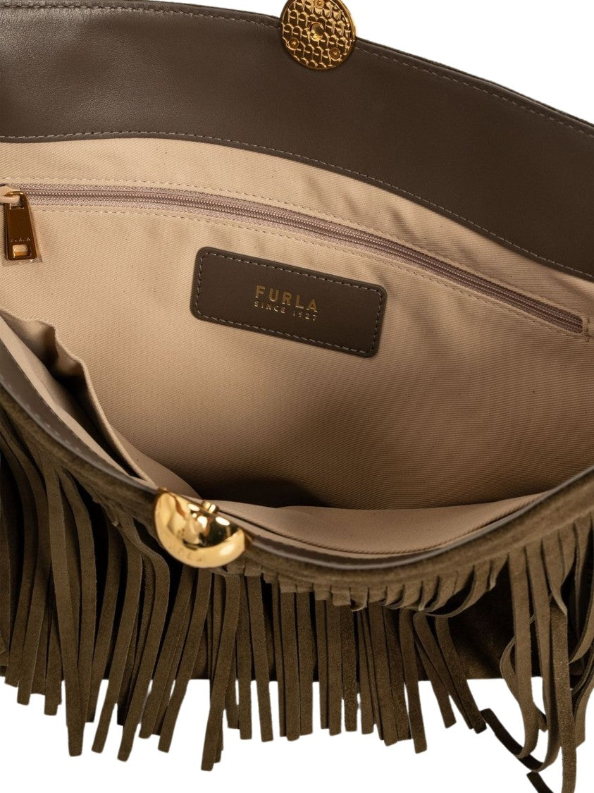 Furla Sfera L Fringe Gold Clasp Suede Handbag
