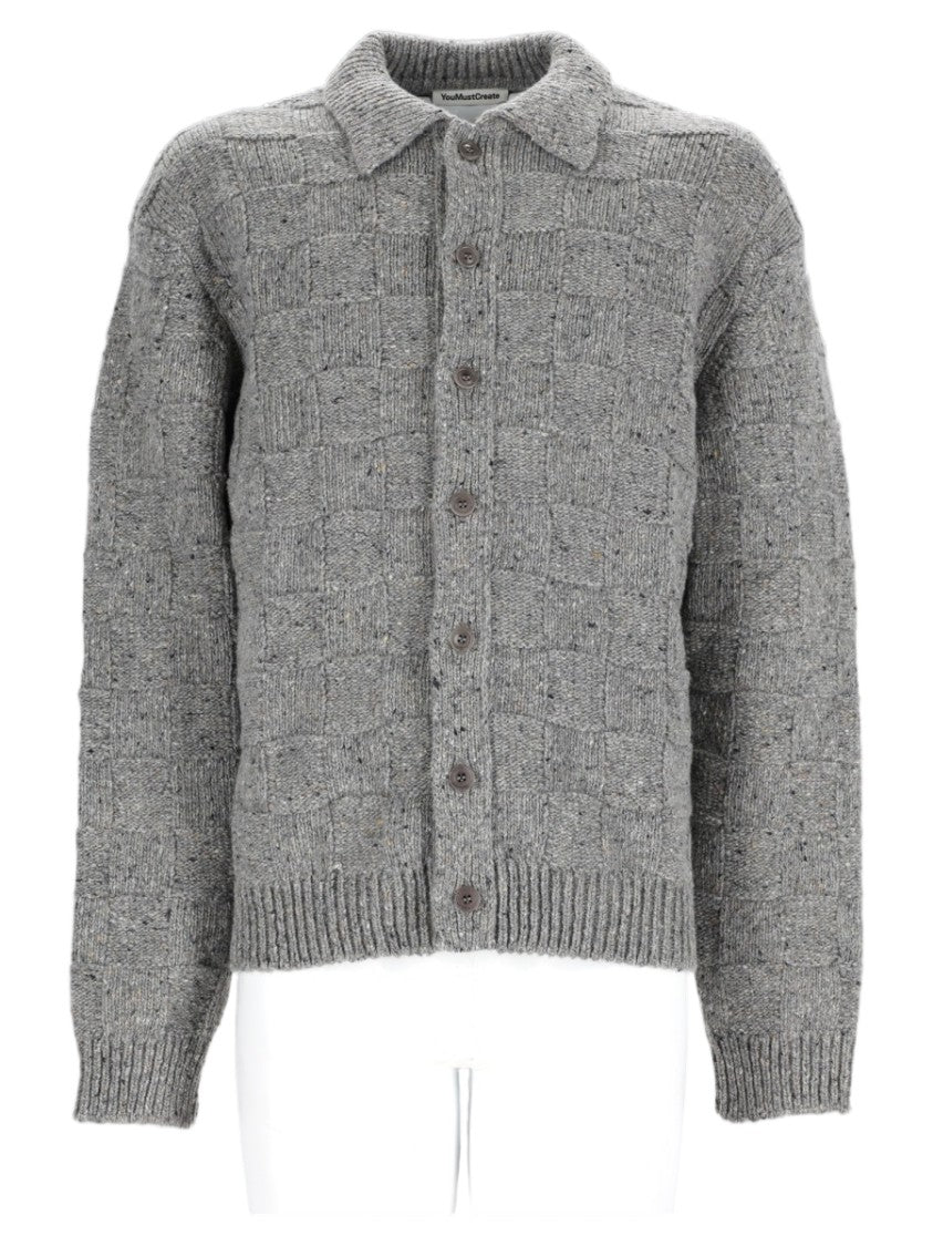 Ymc Grey Checkered Button-Up Merino Wool Cardigan