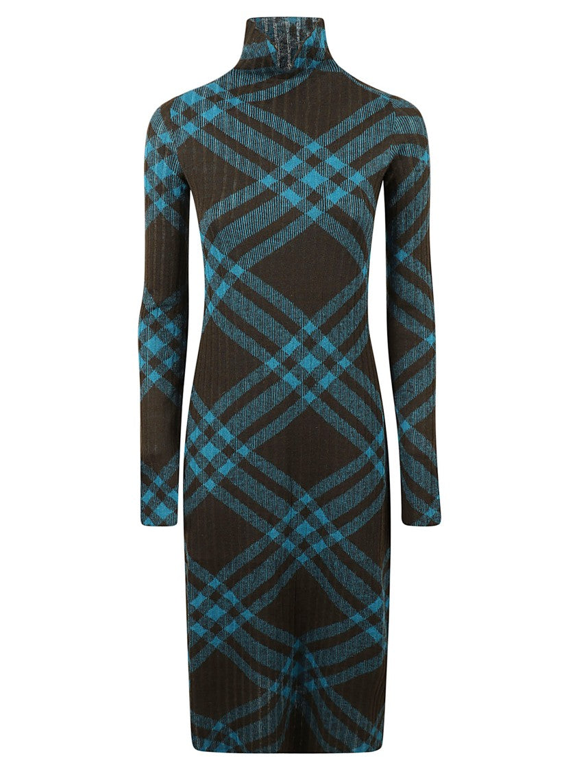 Burberry Fitted Plaid Dress With High Neck