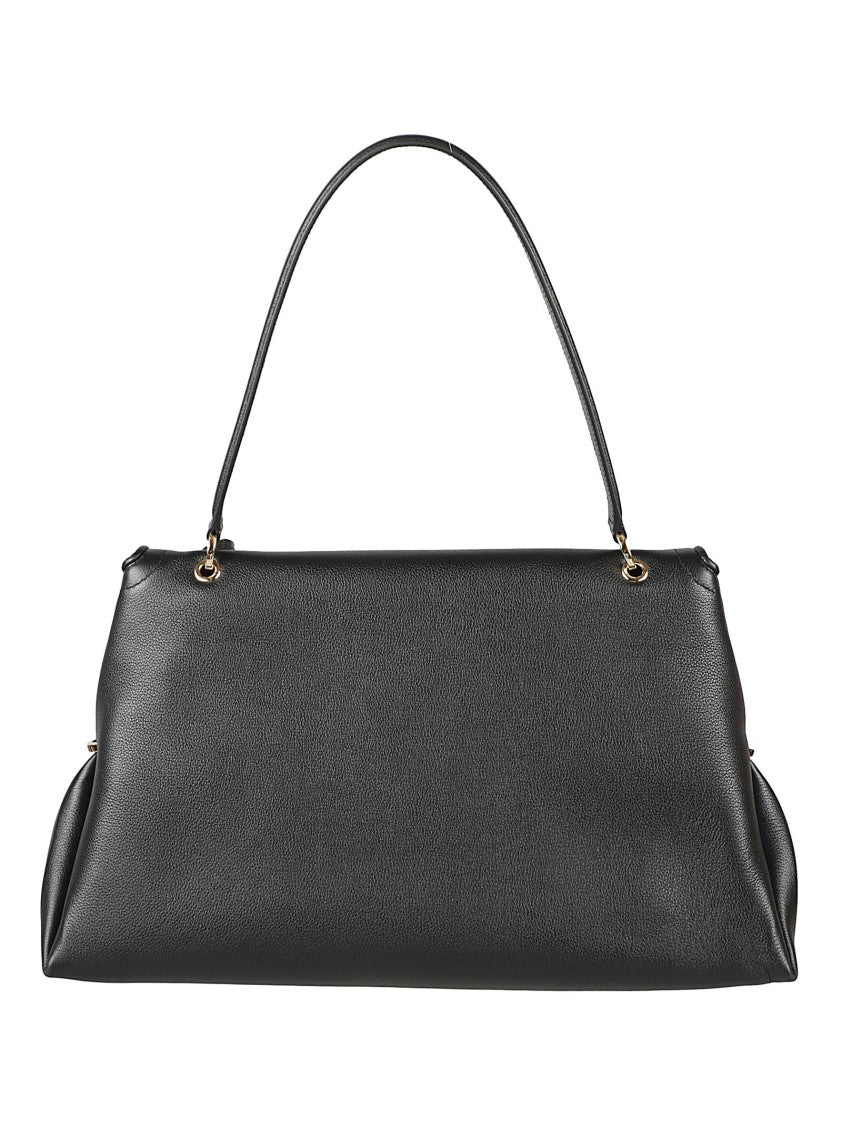 Ferragamo Structured Black Calf Leather Handbag With Gold-Tone Hardware