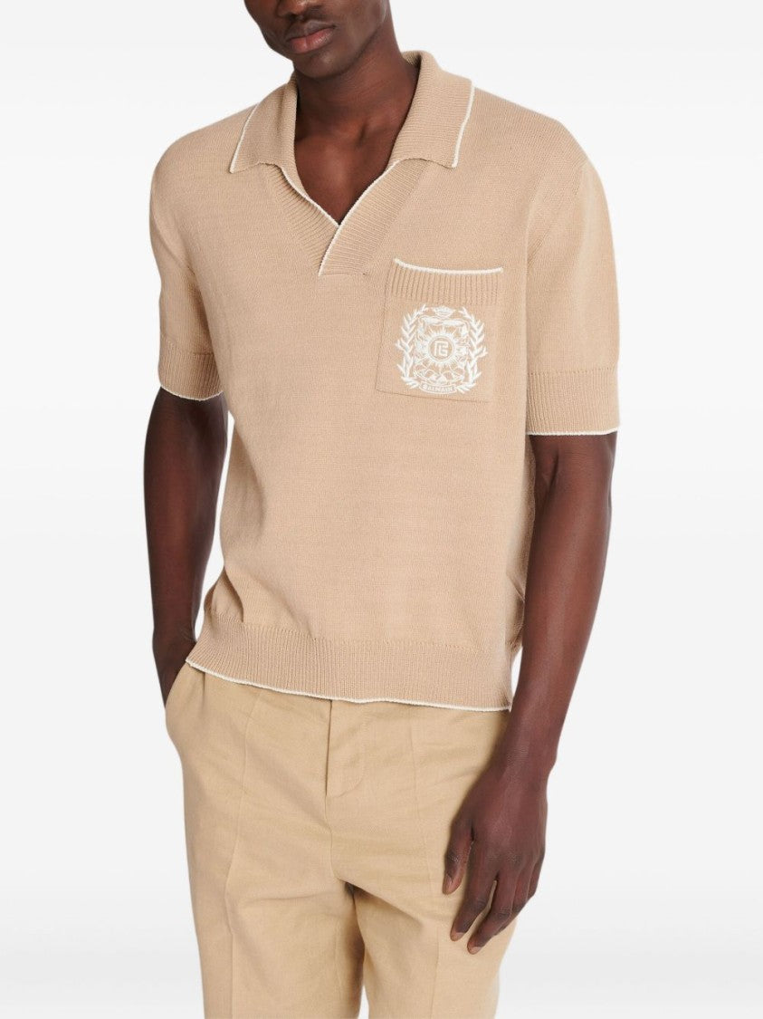 Balmain Beige V-Neck Embroidered Knit Polo Shirt