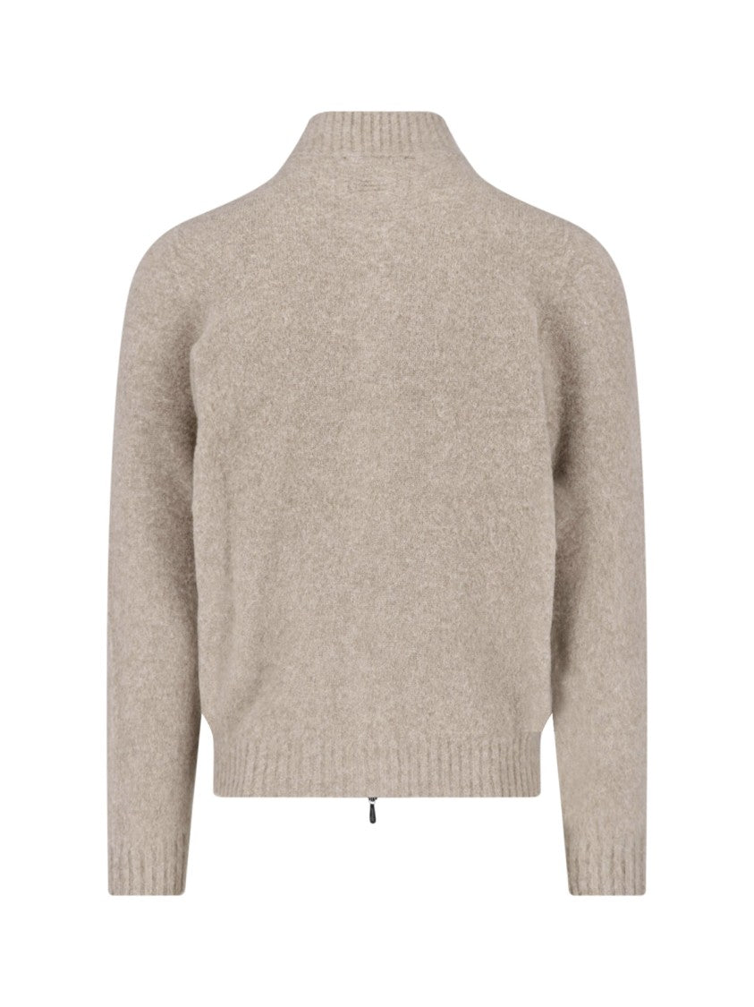 Drumohr Beige Wool Ribbed High Collar Zip-Up Sweater