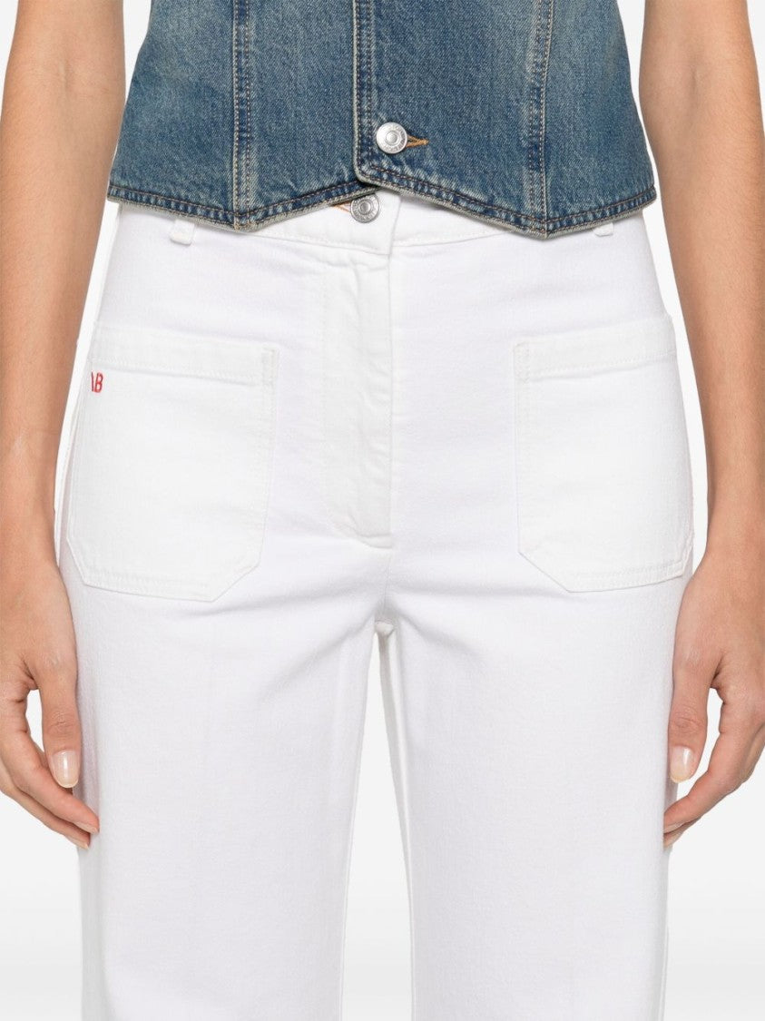 Victoria Beckham High-Waisted White Denim Flare Jeans With Design
