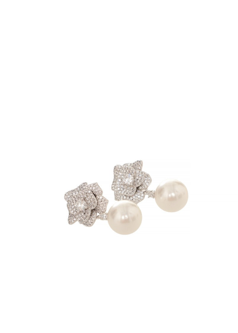 Self-Portrait Rose-Shaped Crystal And Pearl Earrings With Pressure Closure