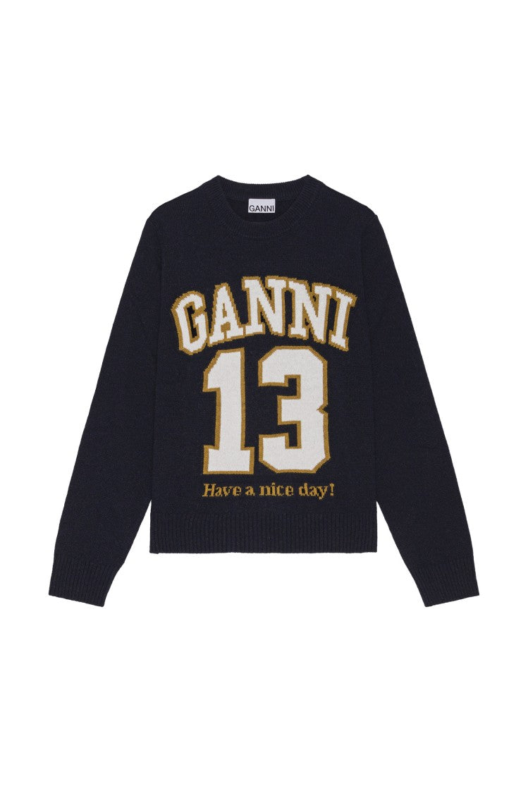 Ganni Dark Blue Graphic Wool Mix Baseball Jumper