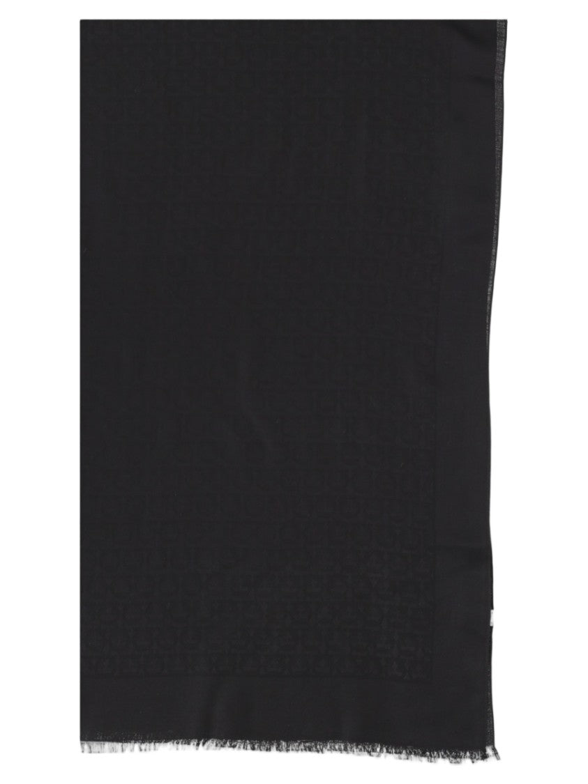 Ferragamo Black Large Tonal Pattern Fringed Silk-Blend Scarf