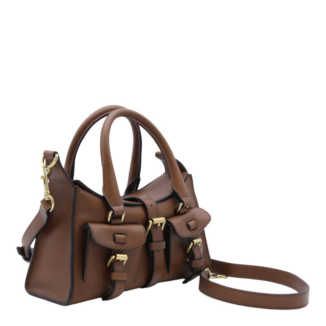 Mulberry Structured Brown Textured Leather Handbag With Gold-Tone Accents