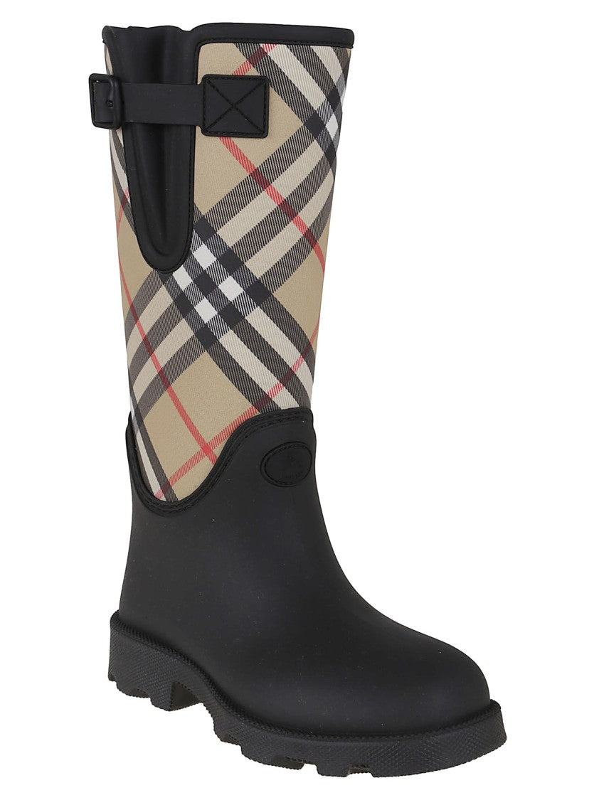 Burberry Woven Check Rain Boots With Adjustable Buckle And Equestrian Design