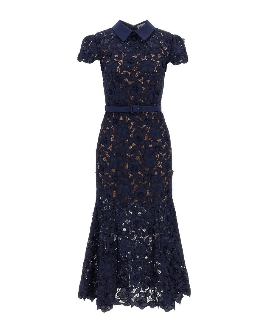 Self-Portrait Navy Guipure Lace Midi Dress With Ruffled Hem