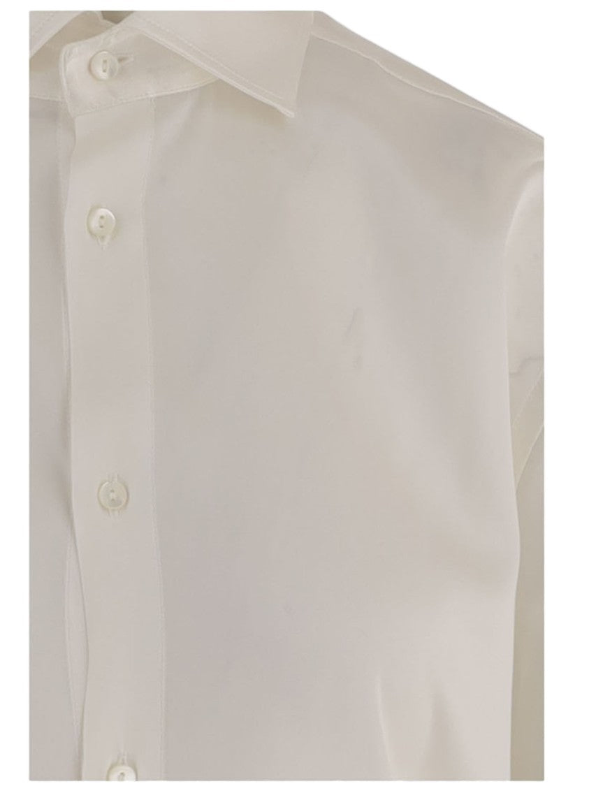 Her Shirt White Curved Hem Buttoned Cuffs Stretch Silk Shirt
