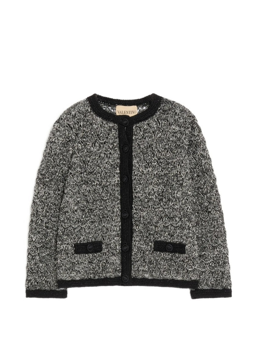 Valentino Textured Knit Jacket With Marled Pattern And Black Trim