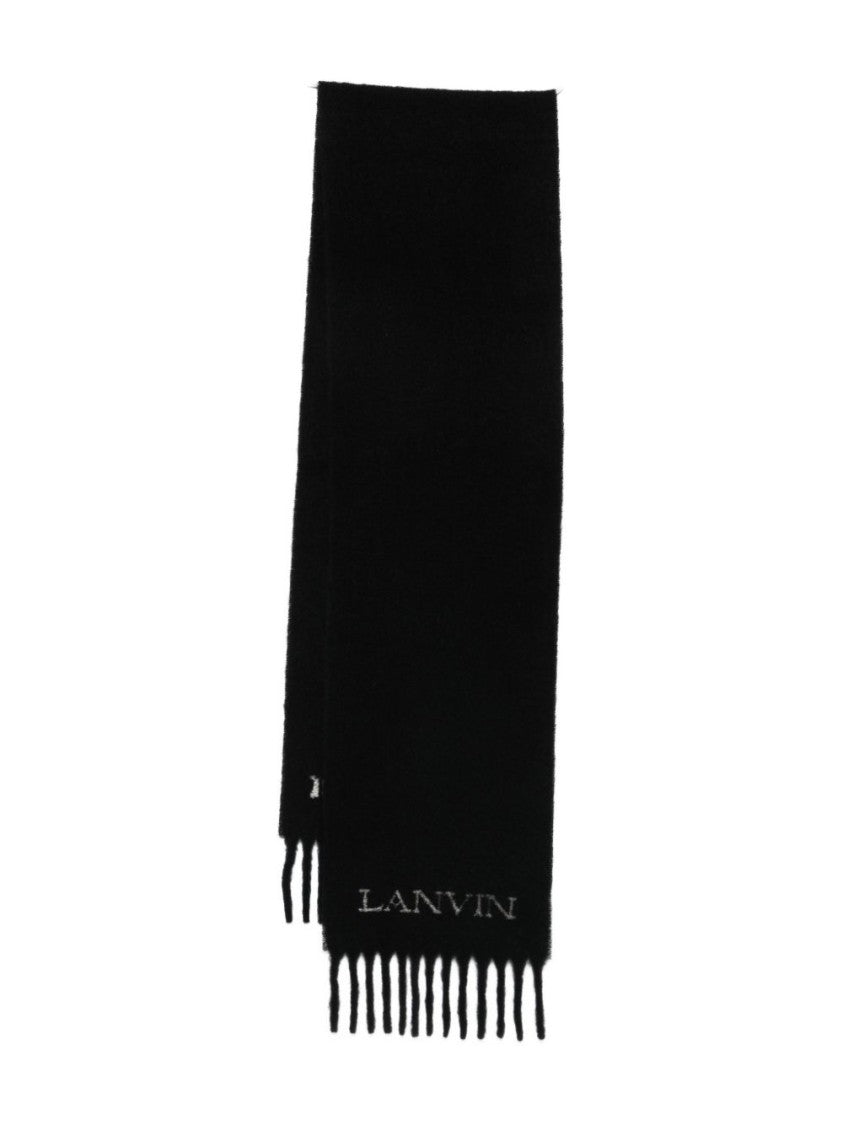 Lanvin Fringed Black Scarf With Embroidered Logo Detail