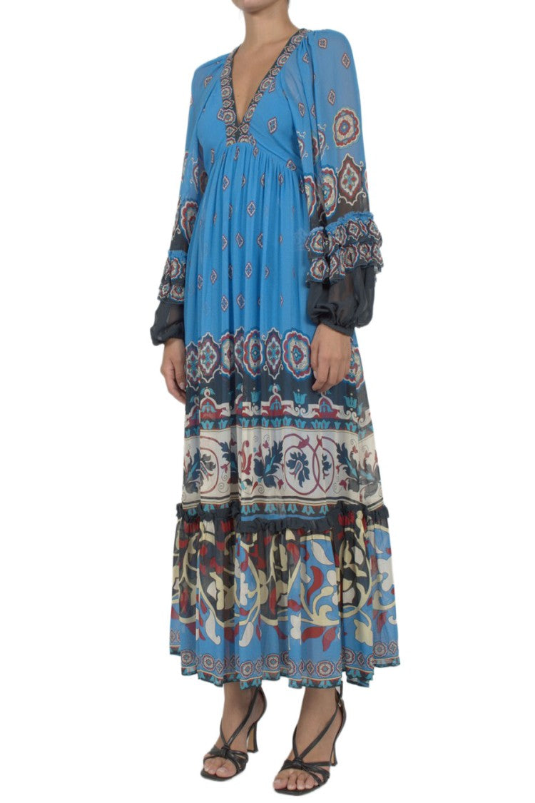 Farm Rio Blue Balloon-Sleeve Printed Viscose Maxi Dress