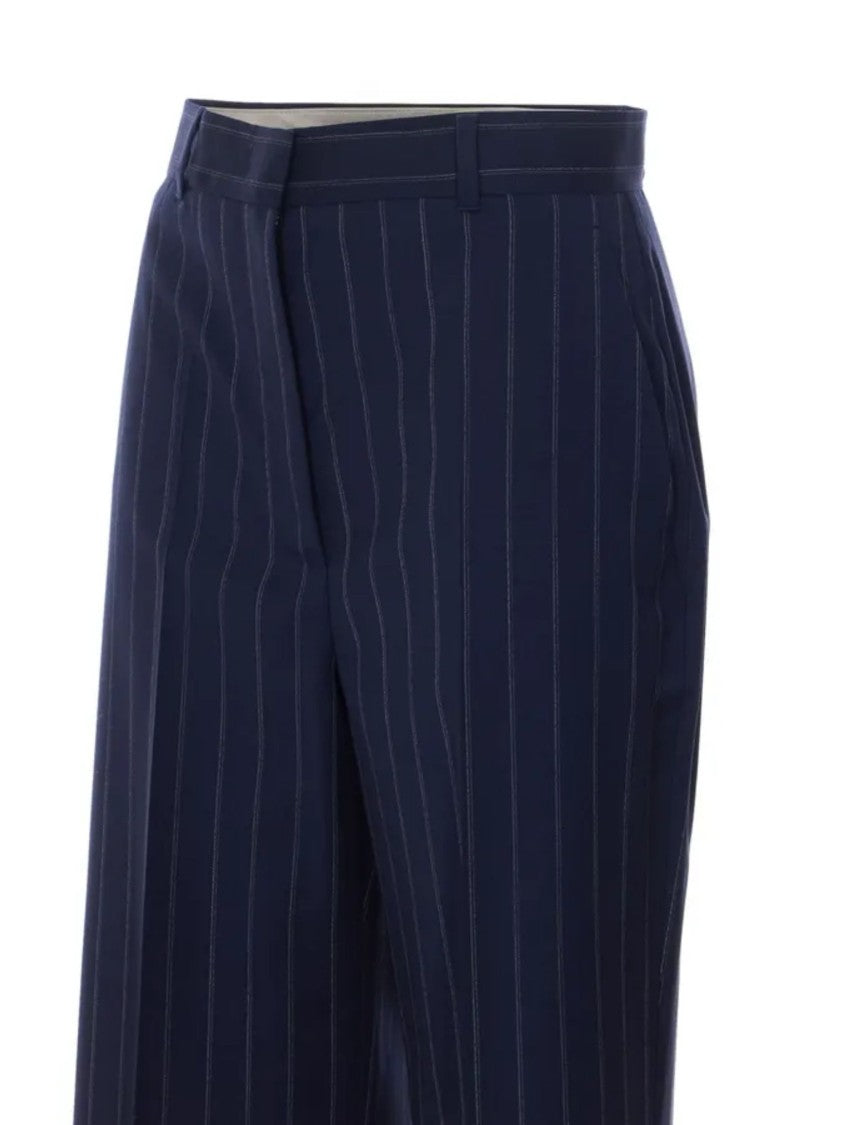 Max Mara Blue Vertical Pinstripes Wool Straight-Leg Pants