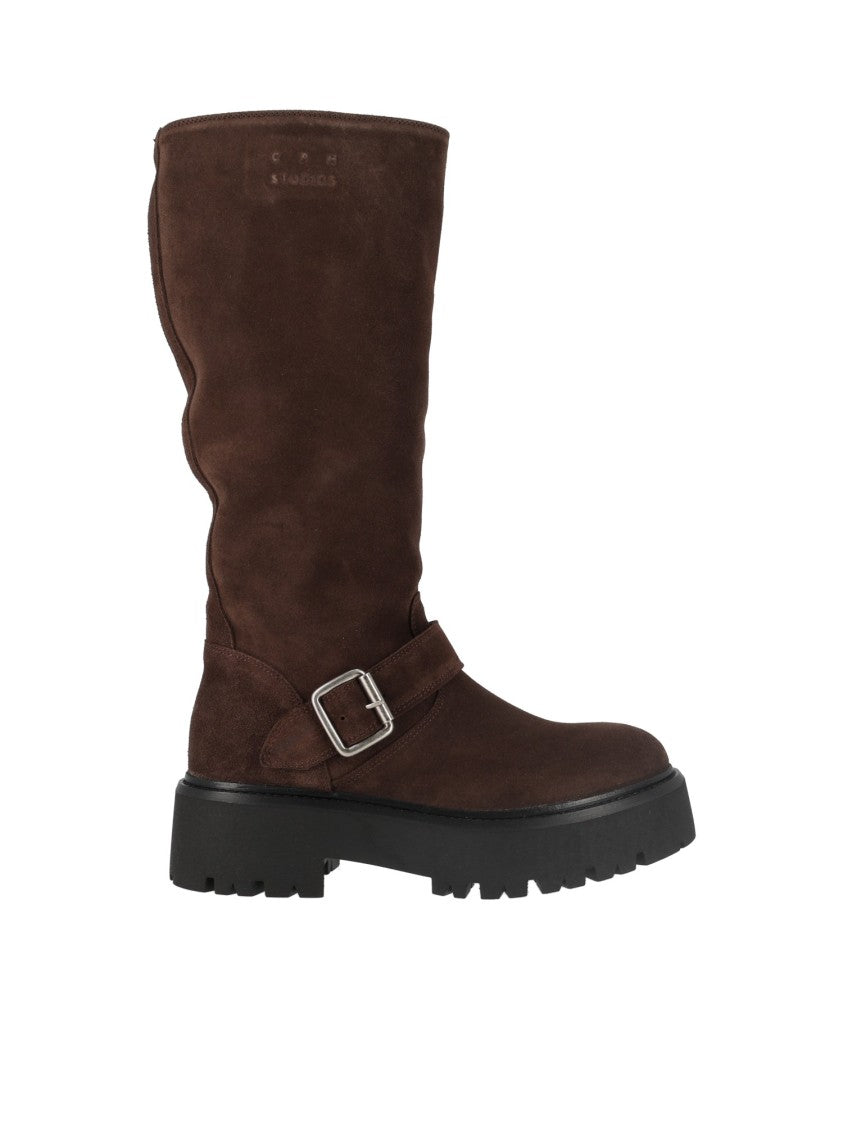 Copenhagen Brown Decorative Strap Suede Mid-Calf Boots