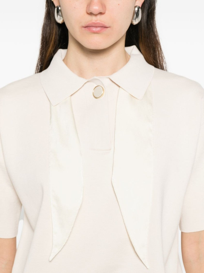 Forte Forte Cropped White Polo T-Shirt With Satin-Like Scarf Detail