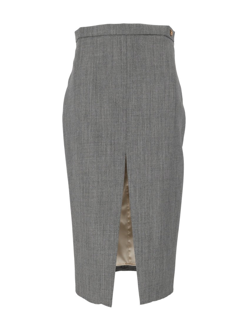 Elisabetta Franchi Grey Tailored Metallic Logo Pencil Skirt