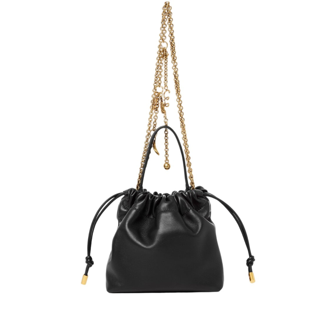 Chloé Mini Leather Shoulder Bag With Drawstring Closure And Decorative Charm Strap