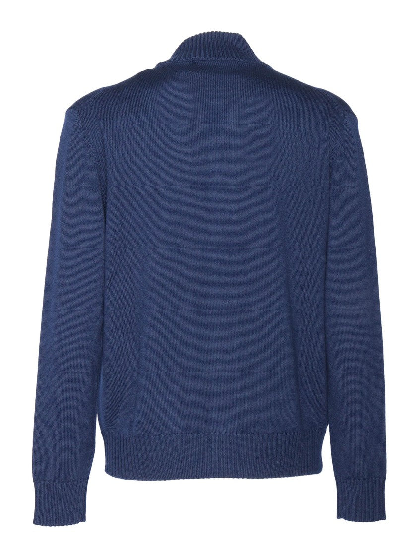 Ballantyne Blue High Collar Ribbed Full-Button Cardigan