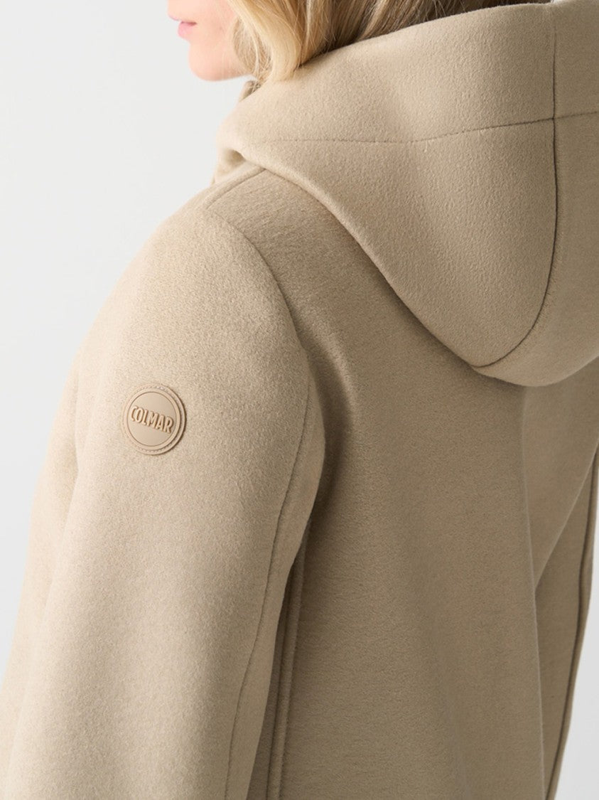 Colmar Originals Hooded Beige Wool Short Coat With Design