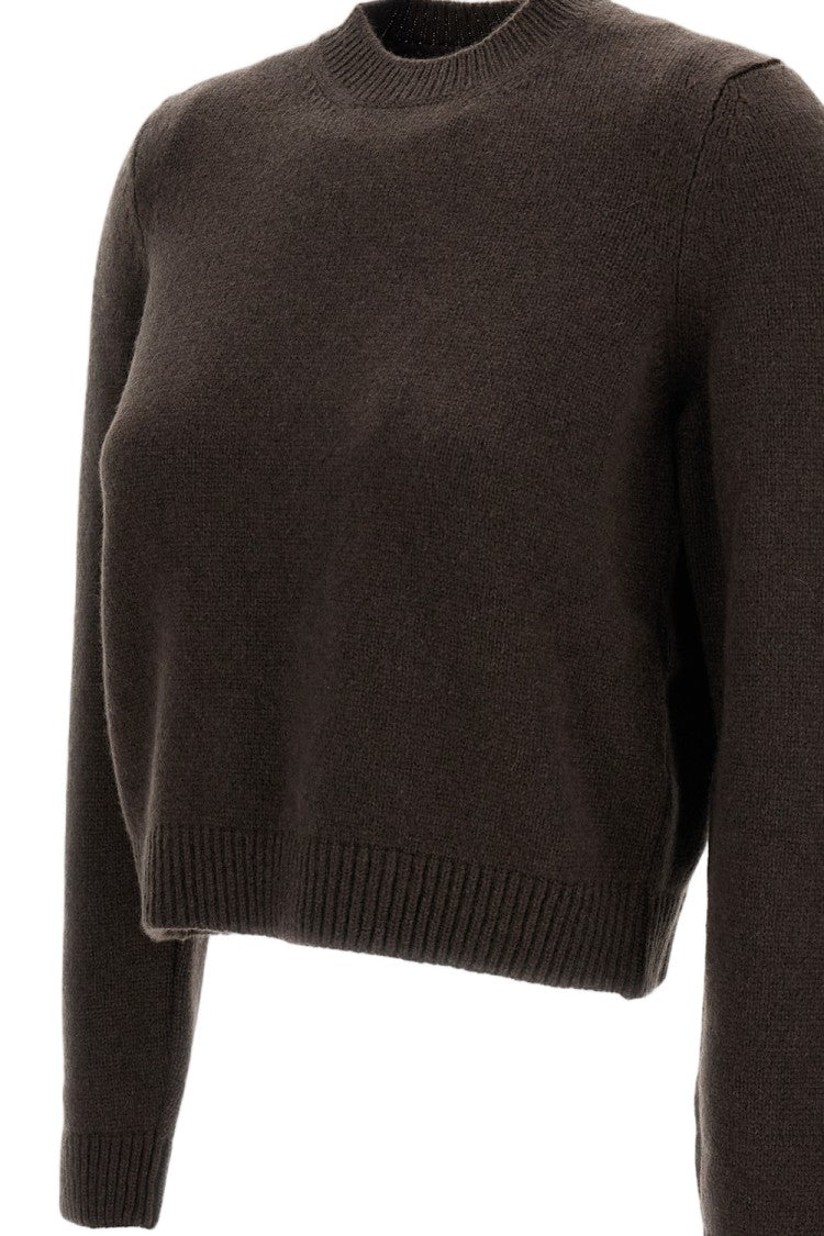Khaite Crewneck Brown Knit Sweater With Ribbed Trim