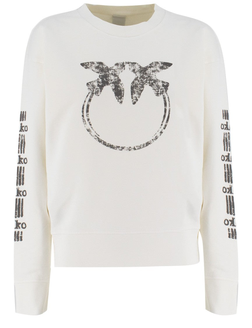 Pinko Cotton Knit Crewneck Sweatshirt With Love Birds Embroidery