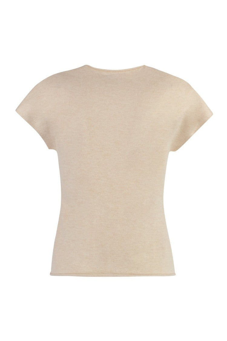 Vince Short Sleeve Beige Knit Tee With Wool