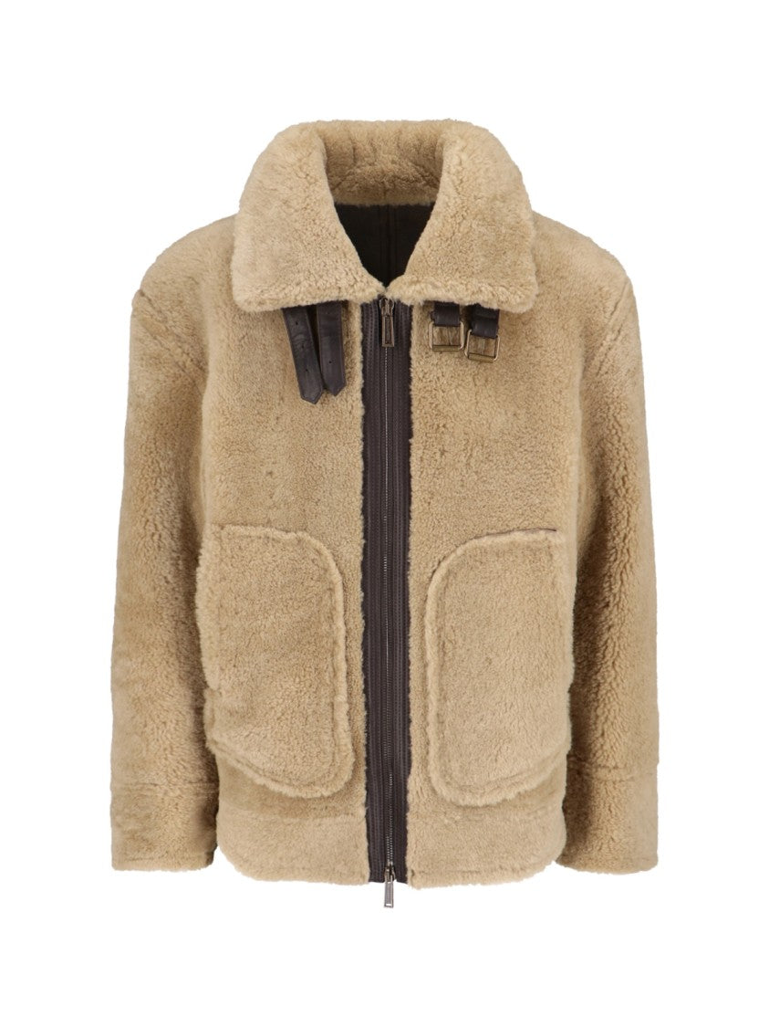 Dsquared2 Beige Shearling Jacket With High Collar