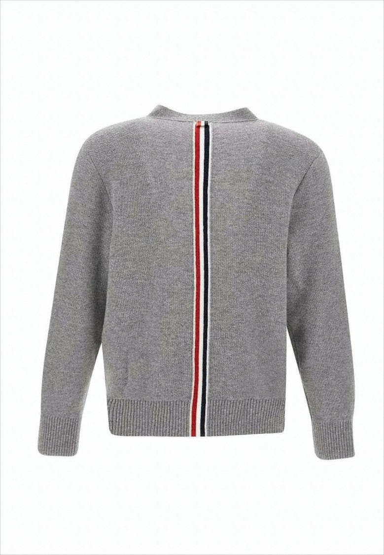 Thom Browne V-Neck Grey Wool Cardigan With Distinctive Stripe Detail