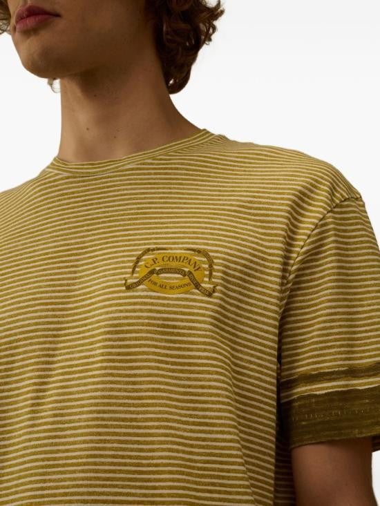 C.P. Company Horizontal Stripe Brown T-Shirt With Emblem Detail