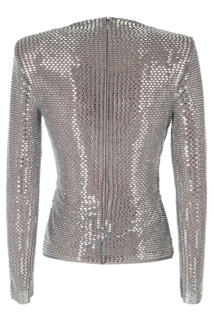 Self-Portrait Gray Rhinestone Mesh V-Neck Wrap Top