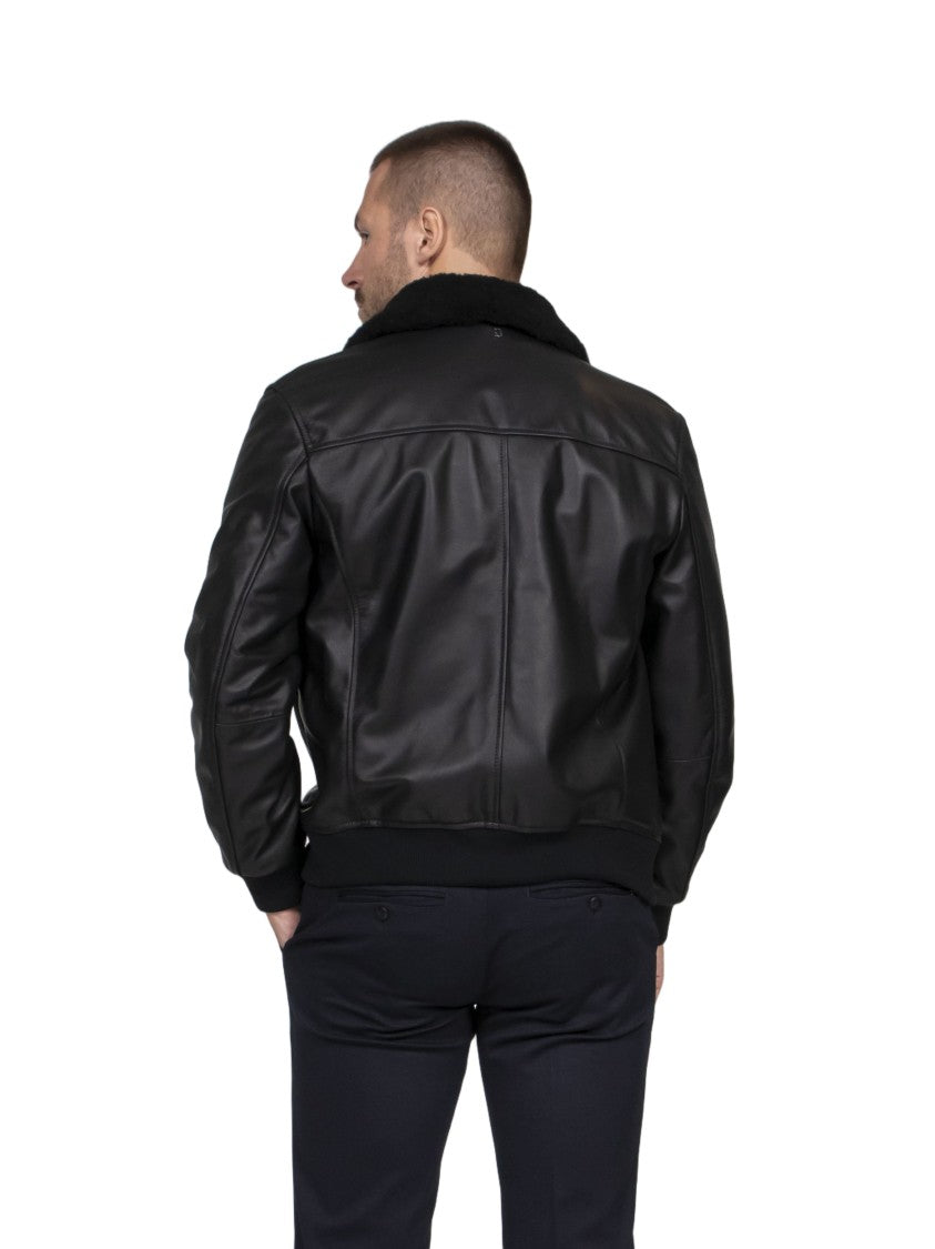 Dondup Black Leather Plush Collar Bomber Jacket