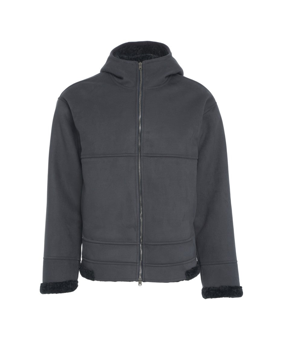 Herno Black Suede Jacket With Shearling Lining And Integrated Hood