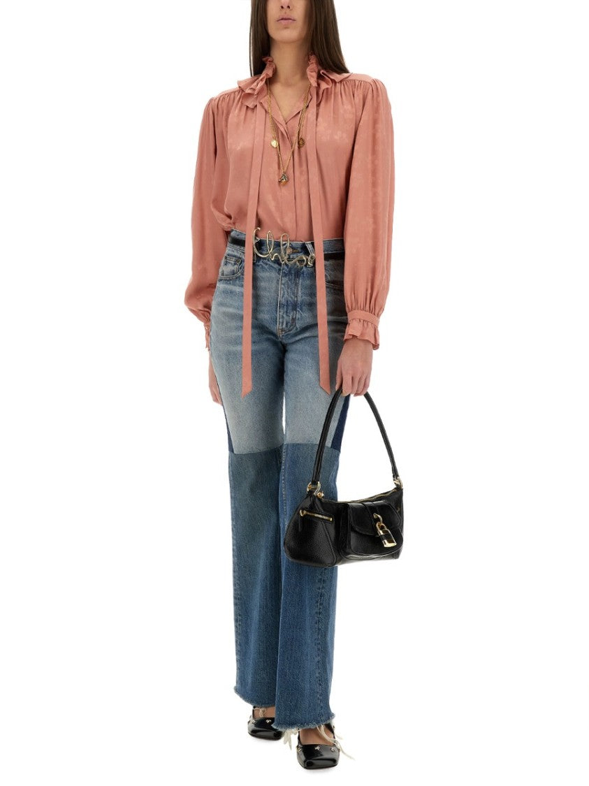 Chloé Fluid Silk Jacquard Blouse With Ruffled Neckline And Puffed Sleeves