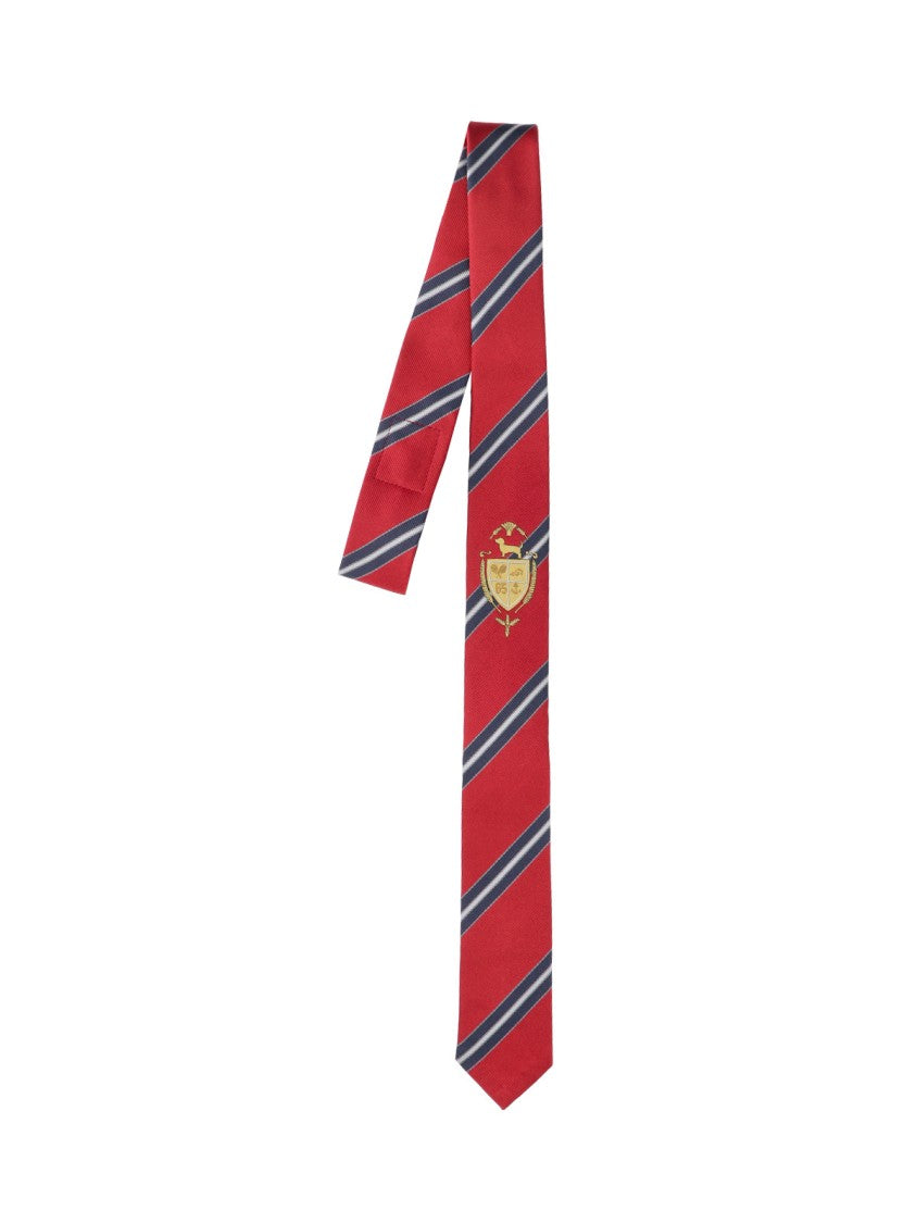 Thom Browne Regimental Stripe Silk Tie With Embroidered Crest