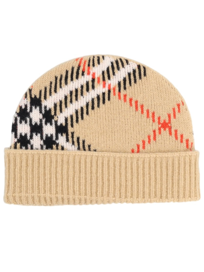 Burberry Beige Check Cashmere Knit Beanie Hat