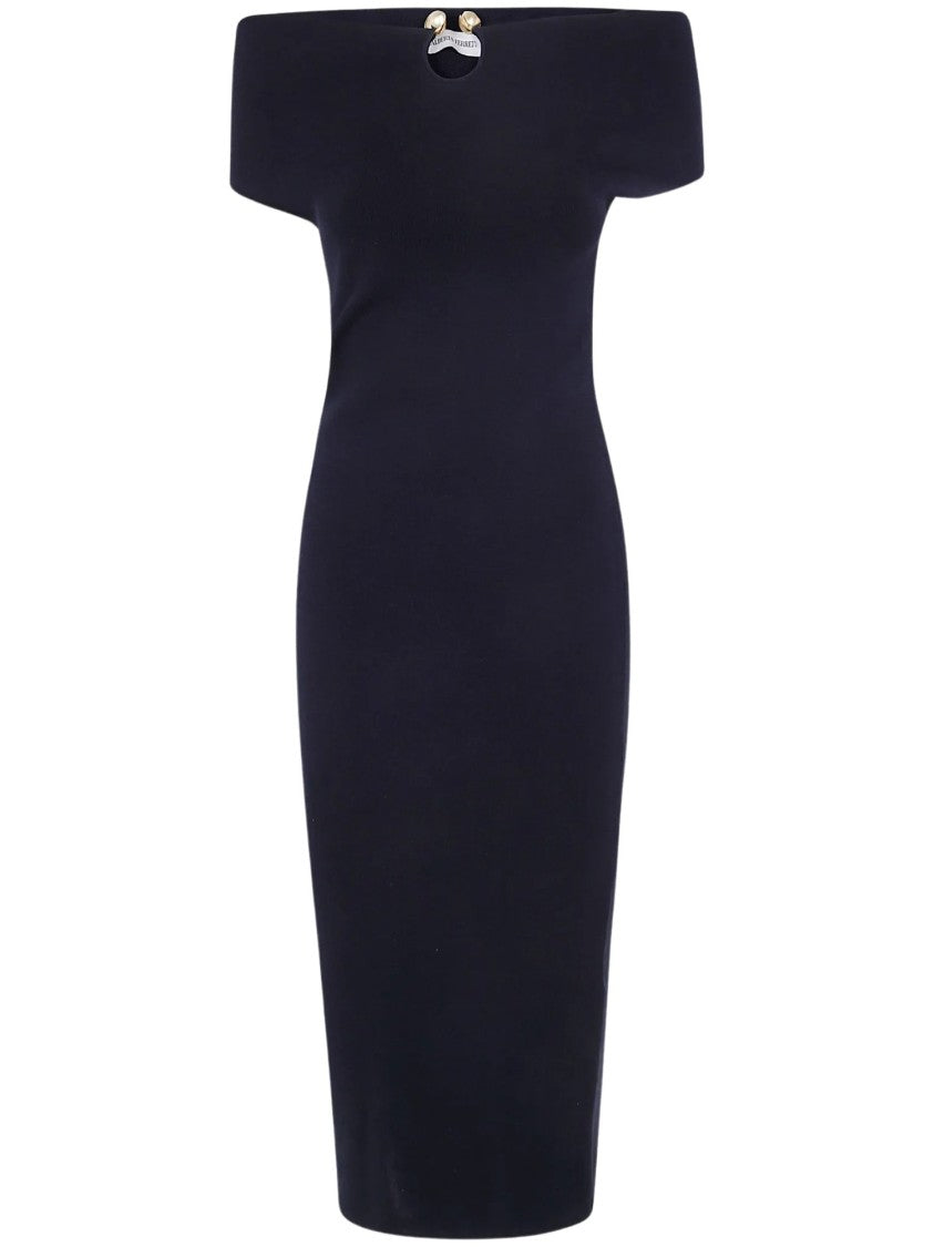 Alberta Ferretti Off-The-Shoulder Midi Dress With Pearl Accents