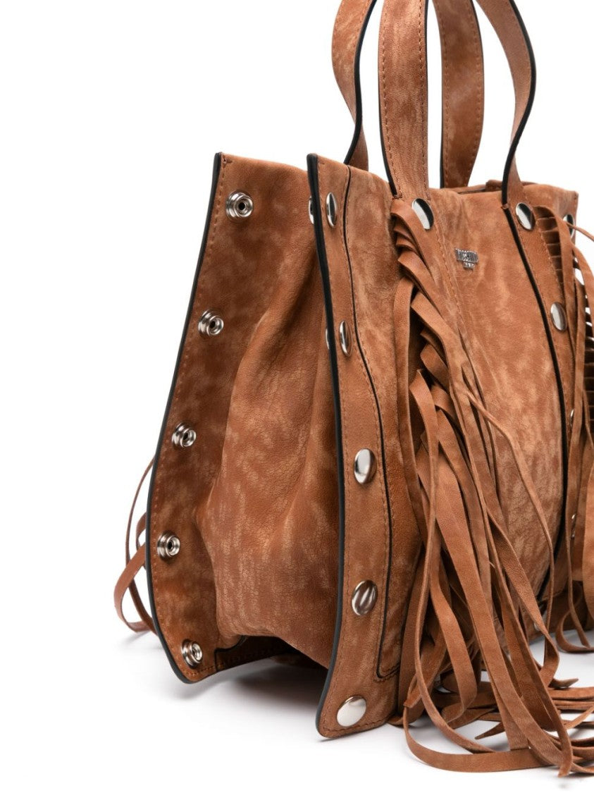 Moschino Fringe-Embellished Rectangular Brown Suede Bag