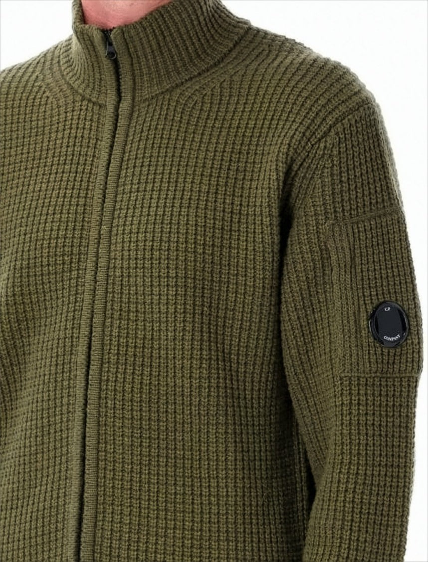 C.P. Company Textured Green Zip-Up Knitwear With High Collar