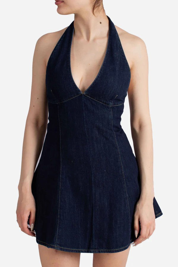 Mc2 Saint Barth Dark Blue Denim Mini Dress With Halter Neckline